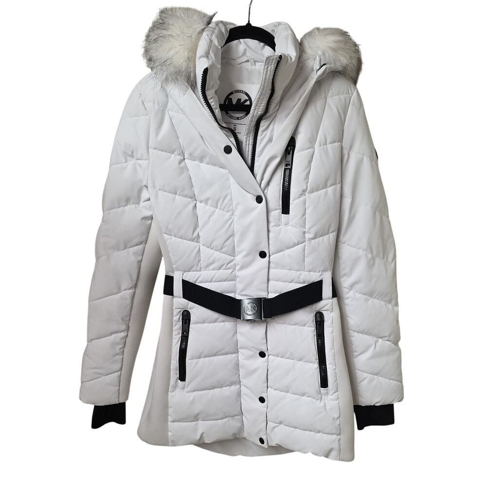 MICHAEL Michael Kors Belted White Puffer Coat With Faux Fur Trim Hood Womens S